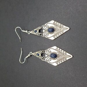 Diamond shape earrings blue stone silver abstract shape minimalist jewelry